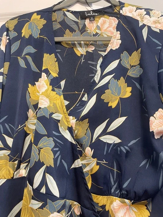 Lulu's Navy/Teal Floral Wrap Dress with Yellow & Olive Blooms - Picture 2 of 4